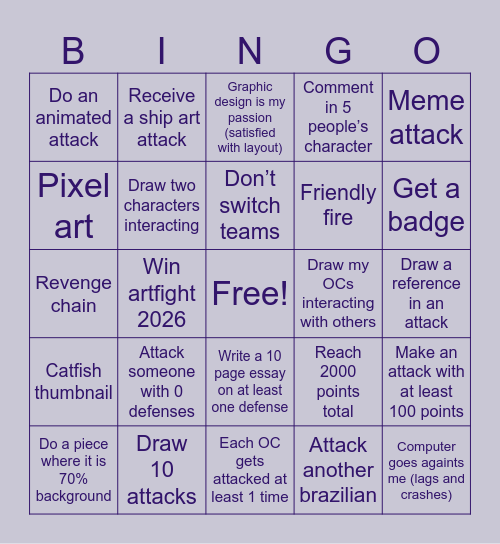 Artfight Bingo Card