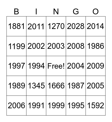 Years Bingo Card
