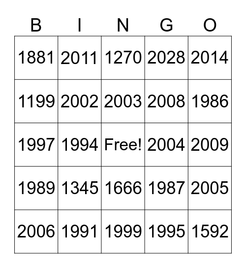 Years Bingo Card