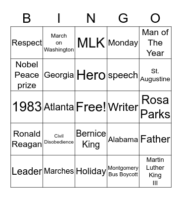 MLK & Robert E Lee Bingo Card