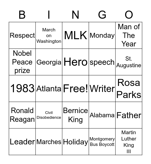 MLK & Robert E Lee Bingo Card