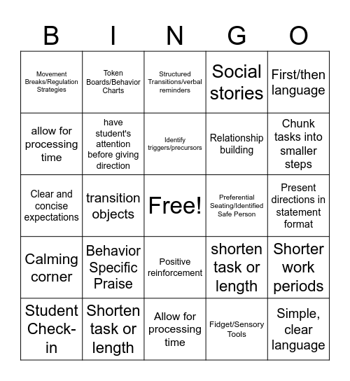 Behavior Supports Bingo Card