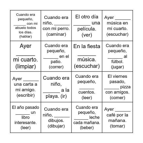 ¿Pretérito o imperfecto? (yo) Bingo Card