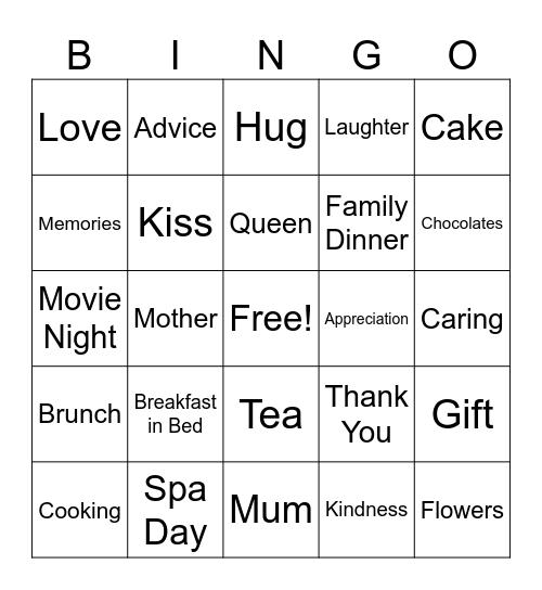 Mother's Day Themed Bingo Card