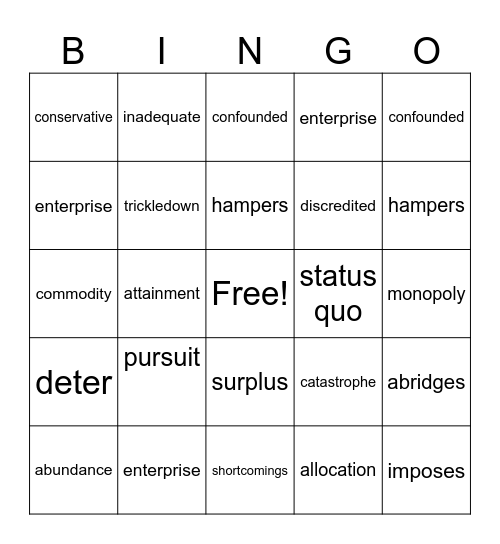 Vocabulary Words Truman's State of the Union Bingo Card