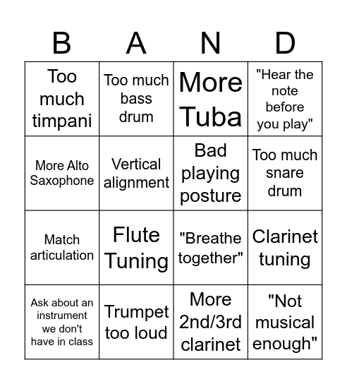 Concert Band Judges Bingo Card