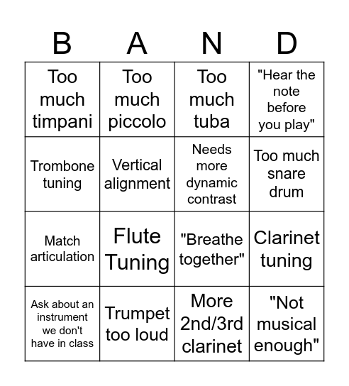Symphonic Band Judges Bingo Card