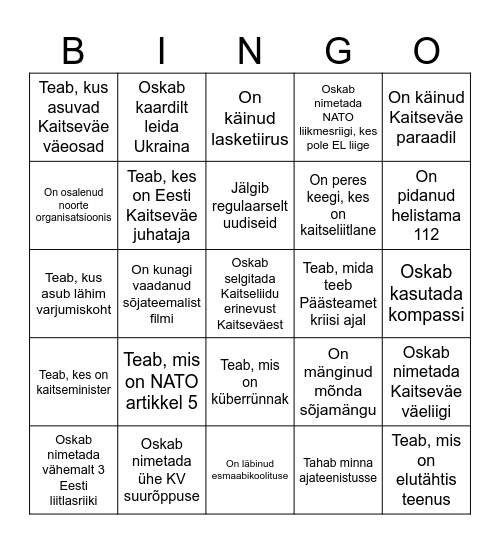 Riigikaitse Bingo Card