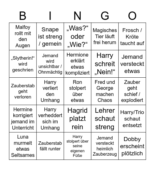 Harry Potter Bingo Card