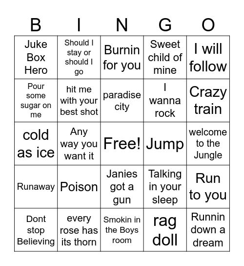 80s Rock Bingo Card