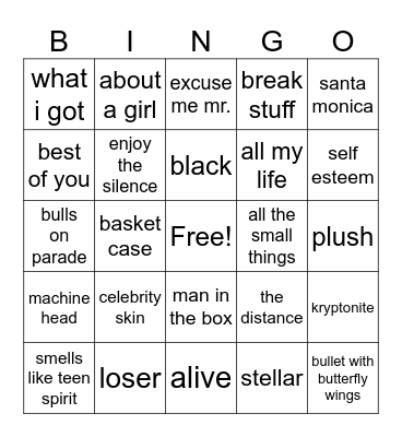 90s rock Bingo Card