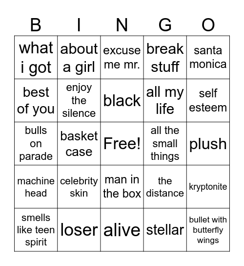90s rock Bingo Card