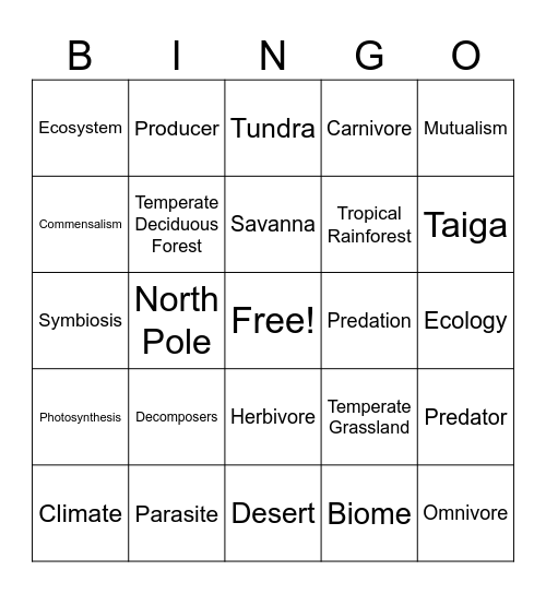Biomes Bingo Card