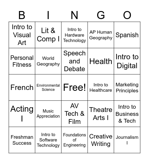 9th Grade Course Offerings Bingo Card
