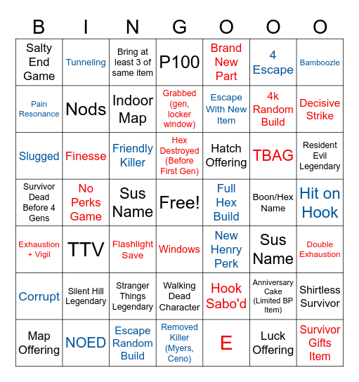 Dead By Daylight Bingo Card