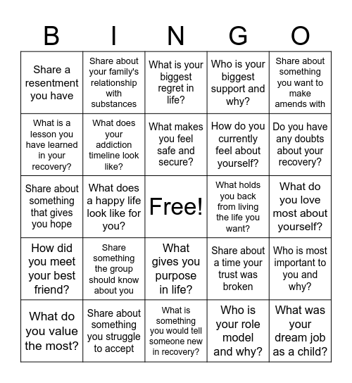 Recovery Bingo Card