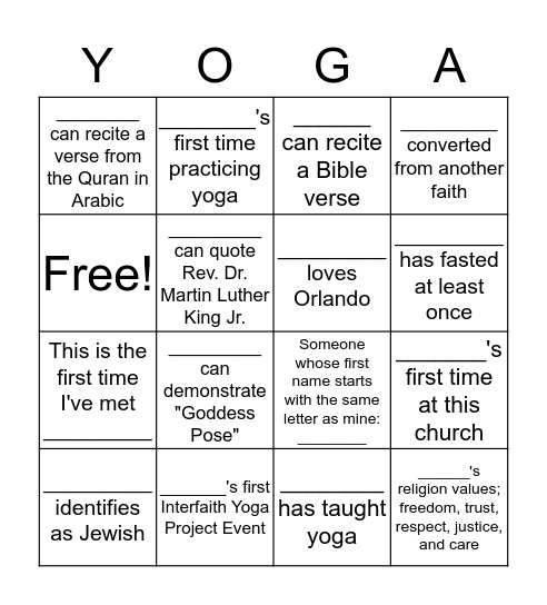 MLK Interfaith Bingo Card