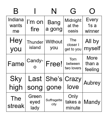 1970s Music Bingo Card