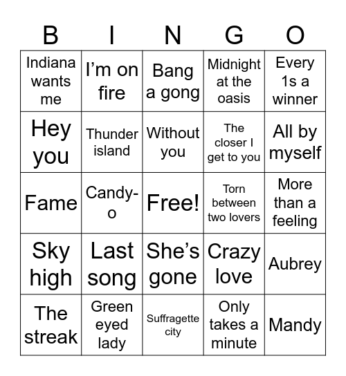 1970s Music Bingo Card
