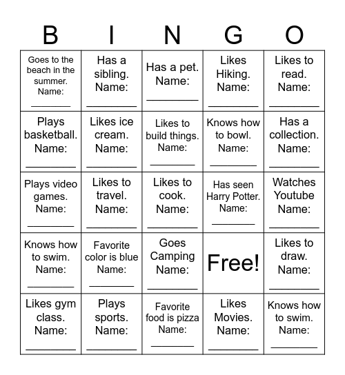 Questions Bingo: Find someone who... Bingo Card