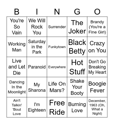 70's Bingo #2 Bingo Card