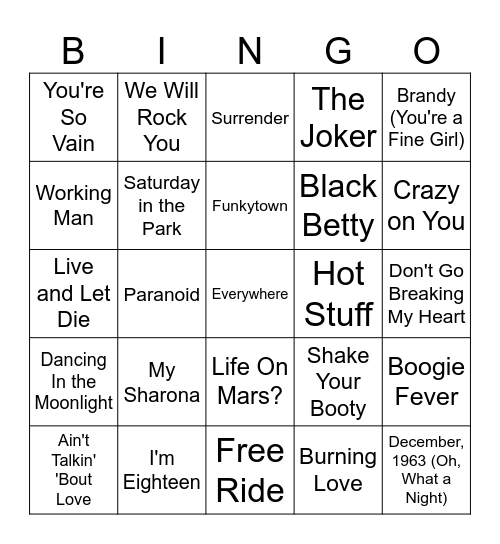 70's Bingo #2 Bingo Card