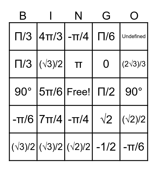 Trigonometry Bingo Card