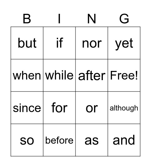 Conjunctions Bingo Card