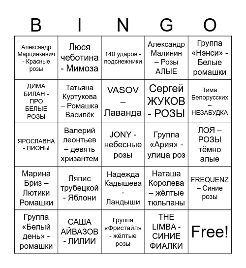 музыкальное лото С.Б Bingo Card