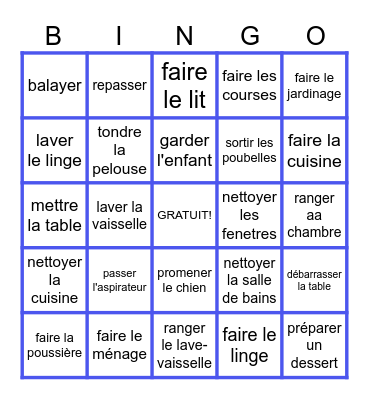 Les tâches ménagères Bingo Card