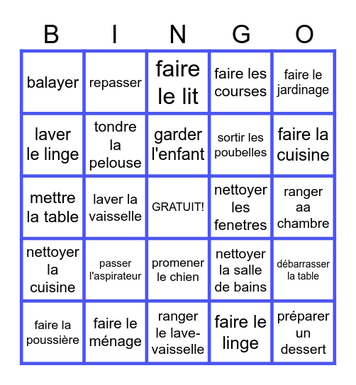 Les tâches ménagères Bingo Card