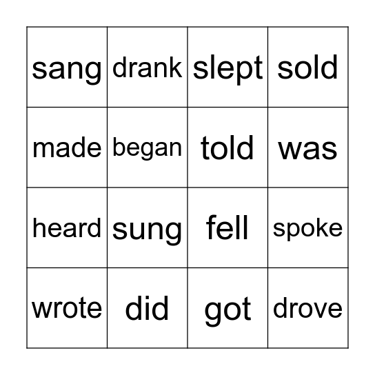 Past Tense Verbs Bingo Card