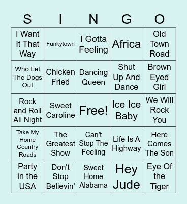 Singo - Sing Along Songs Bingo Card