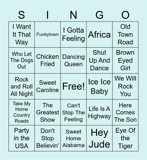 Singo - Sing Along Songs Bingo Card