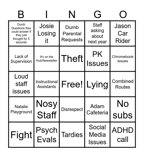 Admin Bingo Card