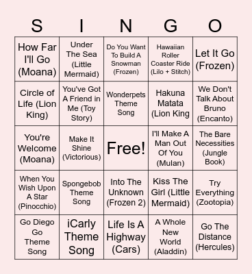 Singo - Nickeloden + Disney Bingo Card