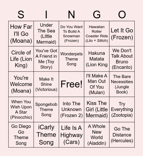 Singo - Nickeloden + Disney Bingo Card