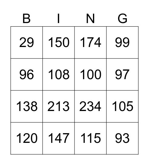 Addition Bingo Card