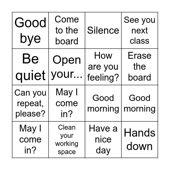 Classroom Expressions Bingo Card