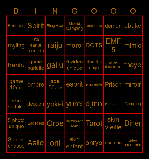 Phasmophobia Bingo Card