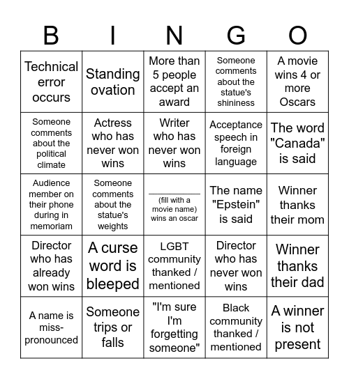 Oscars Bingo Card