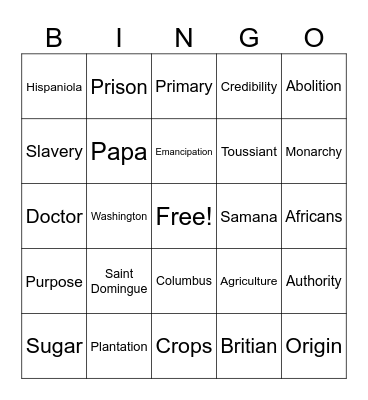 Haitian Revolution Bingo Card