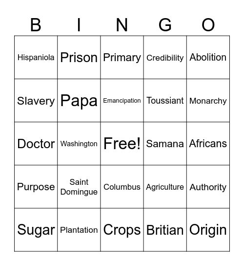 Haitian Revolution Bingo Card