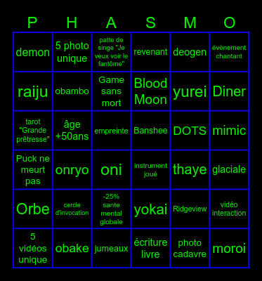Phasmophobia Bingo Card