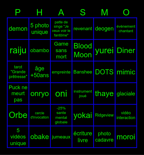Phasmophobia Bingo Card