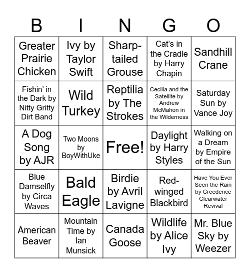 Nature Music Bingo Card