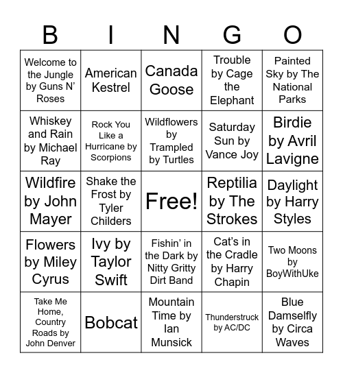 Nature Music Bingo Card