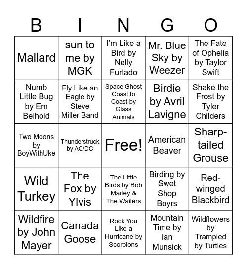 Nature Music Bingo Card