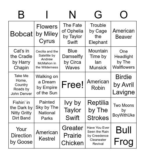 Nature Music Bingo Card