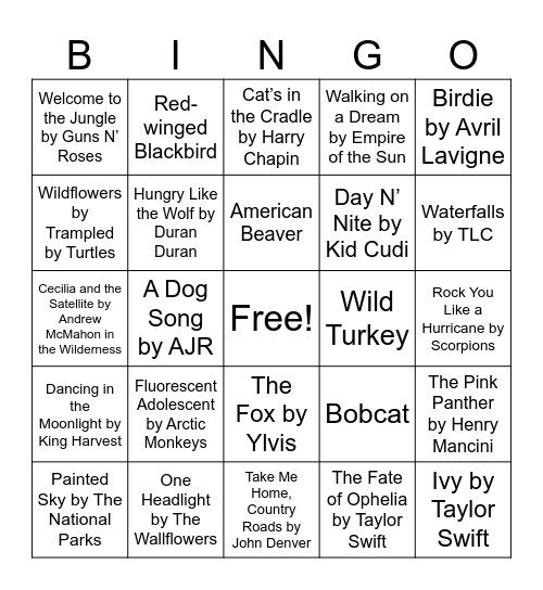 Nature Music Bingo Card